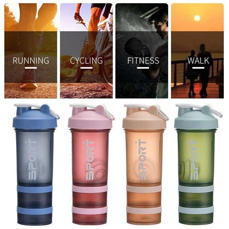 Powder Milkshake Drink Cup Sport Water Bottle 500Ml 3 Tier Protein Shaker Pill - Blue