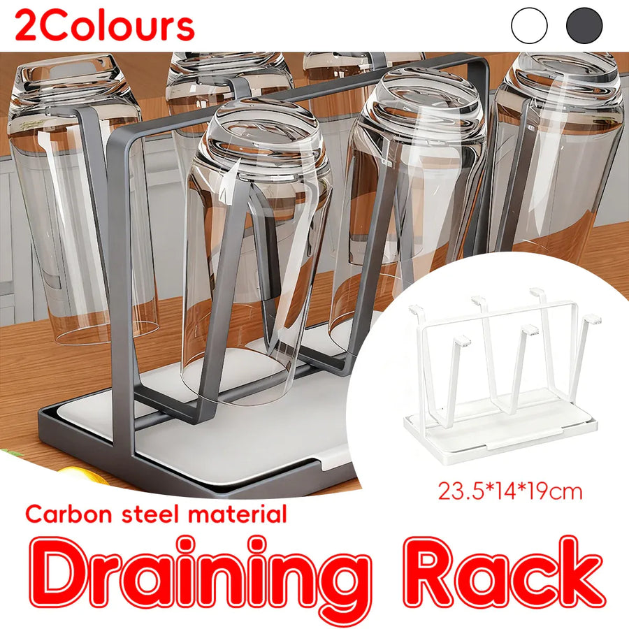 6 Hook Stainless Steel Cup Rack with Drip Tray for Mugs and Glasses - White