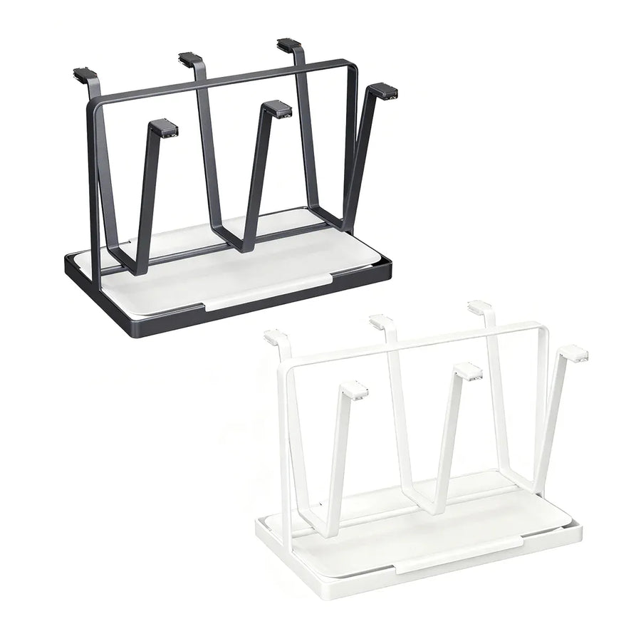 6 Hook Stainless Steel Cup Rack with Drip Tray for Mugs and Glasses - White