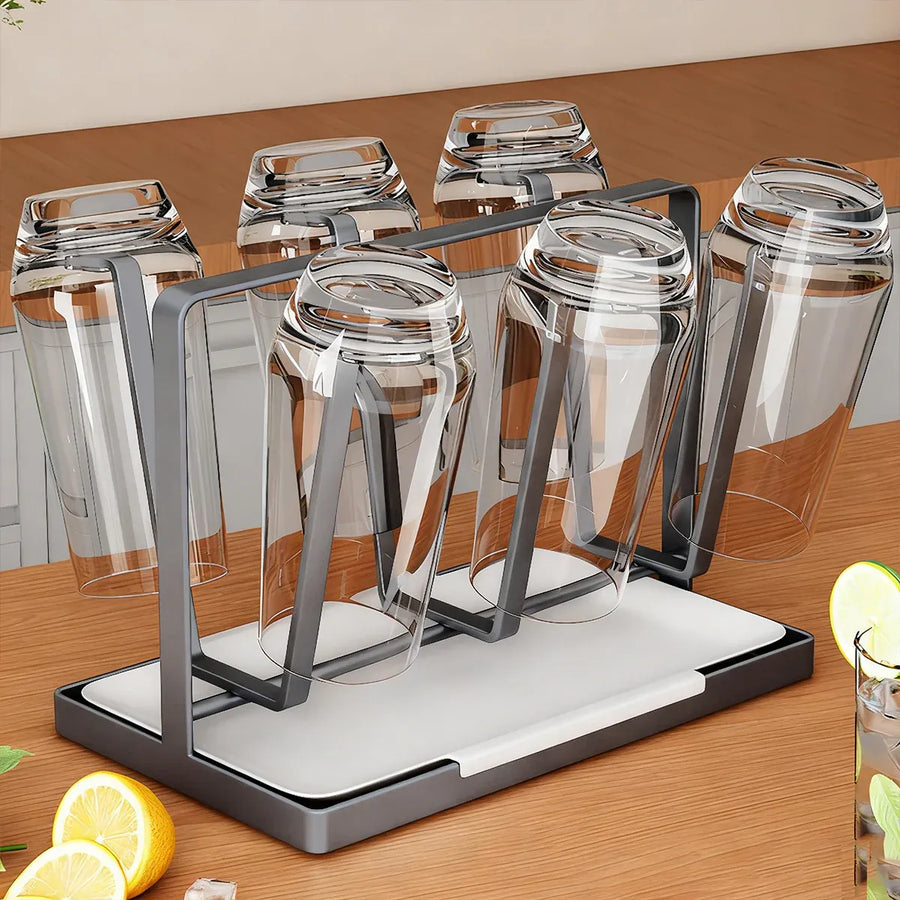 6 Hook Stainless Steel Cup Rack with Drip Tray for Mugs and Glasses - White