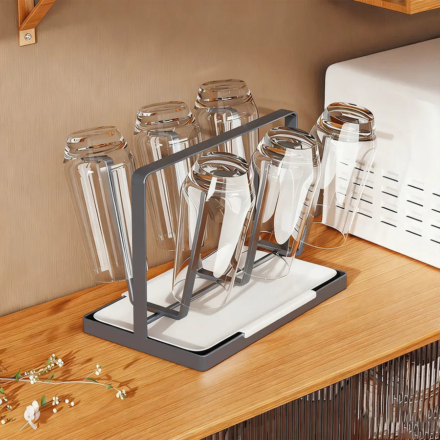 6 Hook Stainless Steel Cup Rack with Drip Tray for Mugs and Glasses - White