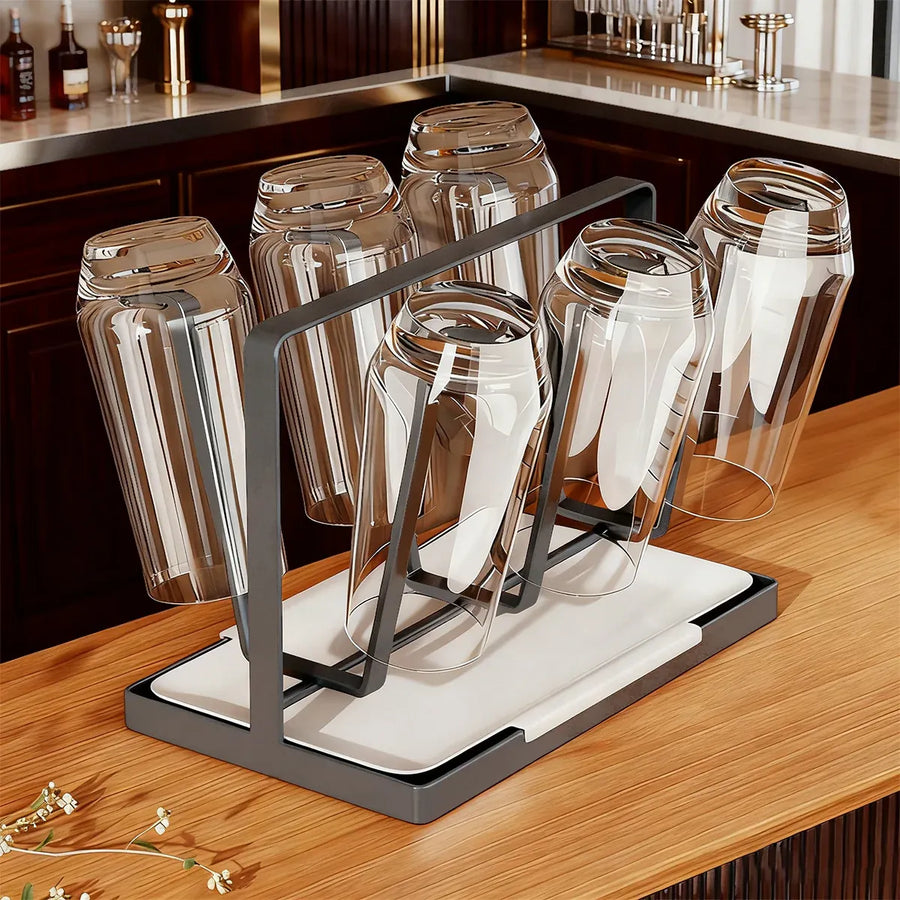 6 Hook Stainless Steel Cup Rack with Drip Tray for Mugs and Glasses - White