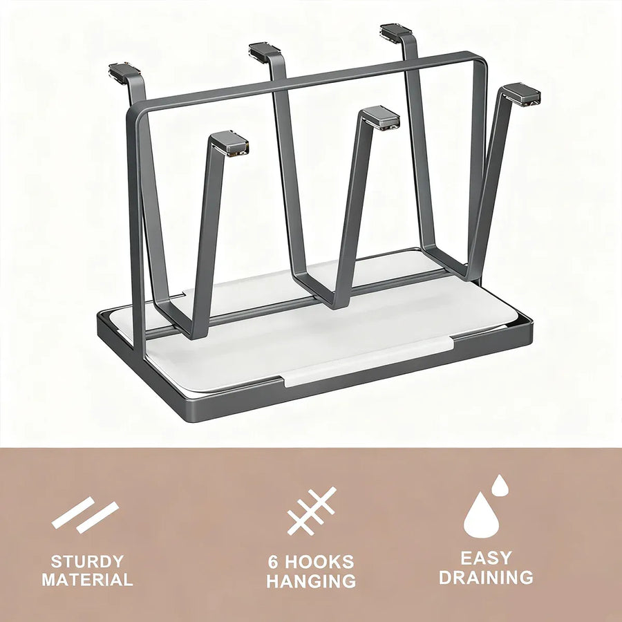 6 Hook Stainless Steel Cup Rack with Drip Tray for Mugs and Glasses - White