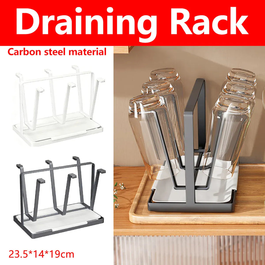 6 Hook Stainless Steel Cup Rack with Drip Tray for Mugs and Glasses - White