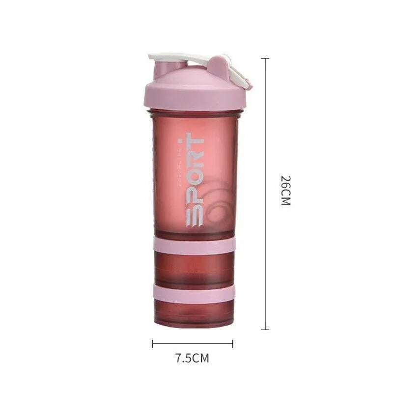 Powder Milkshake Drink Cup Sport Water Bottle 500Ml 3 Tier Protein Shaker Pill - Pink