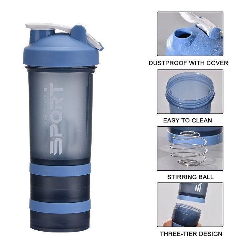 Powder Milkshake Drink Cup Sport Water Bottle 500Ml 3 Tier Protein Shaker Pill - Pink