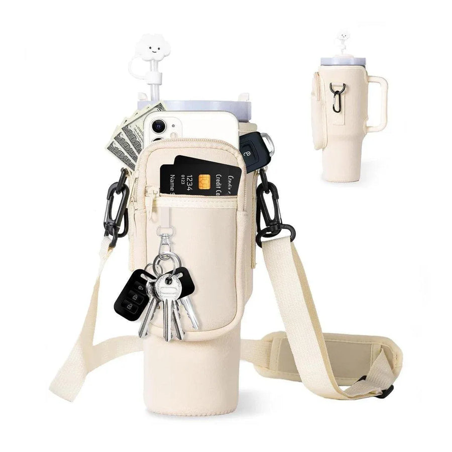 Portable Cup Sleeve Drink Holder Reusable Water Bottle Carrier Travel Bag - Beige