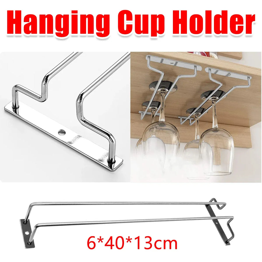 Under Cabinet Wine Glass Holder Rack 1PC Steel Hanging Cup Storage Bar Shelf