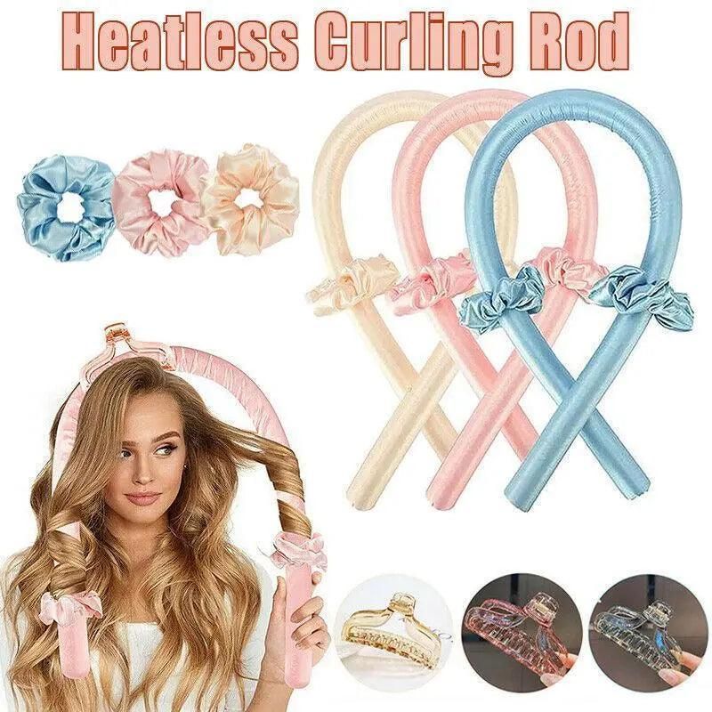 Heatless Curling Rod Headband Silk Curling Ribbon Hair Roller Lazy Curler Sets - 3Pcs/Set A (Blue，No Clip)