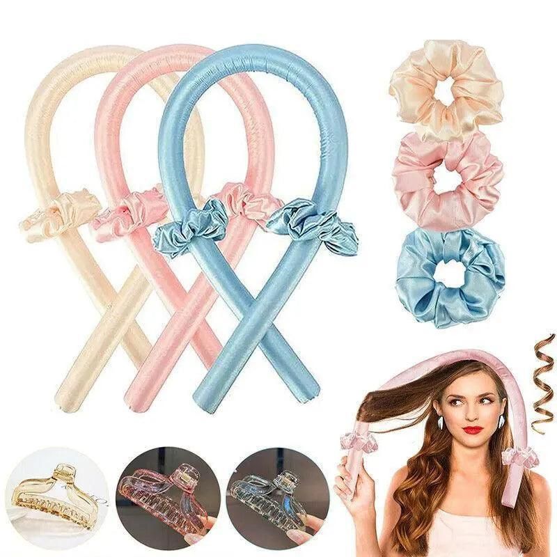 Heatless Curling Rod Headband Silk Curling Ribbon Hair Roller Lazy Curler Sets - 3Pcs/Set A (Blue，No Clip)