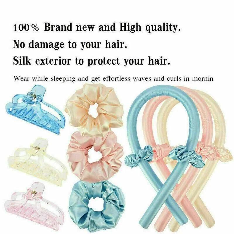 Heatless Curling Rod Headband Silk Curling Ribbon Hair Roller Lazy Curler Sets - 4Pcs/Set B (Pink，With Clip)
