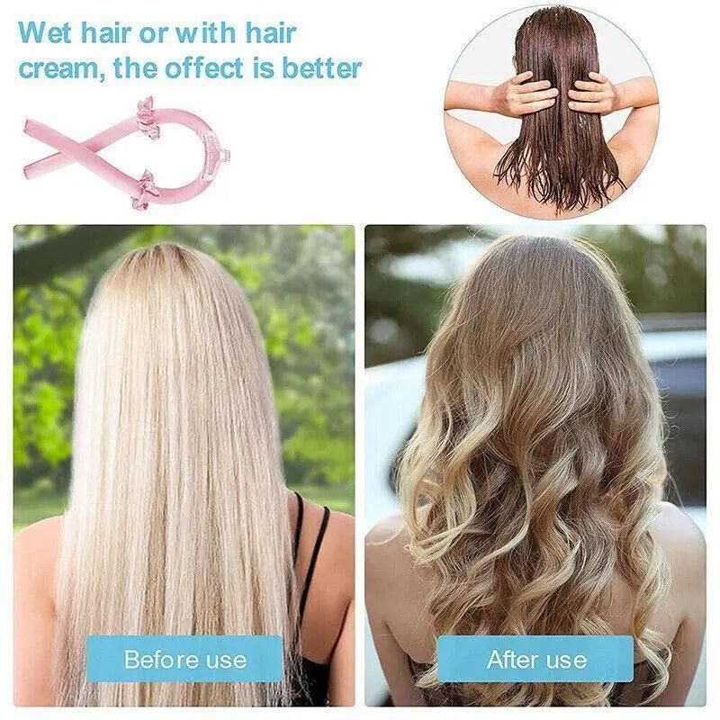 Heatless Curling Rod Headband Silk Curling Ribbon Hair Roller Lazy Curler Sets - 4Pcs/Set B (Pink，With Clip)