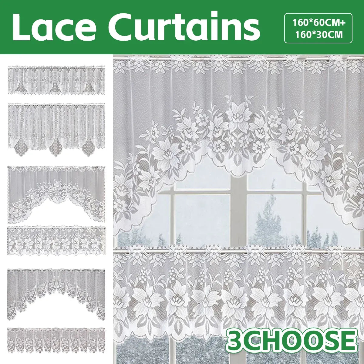 White Lace Window Curtain Short Tier Panel for Kitchen Bathroom
