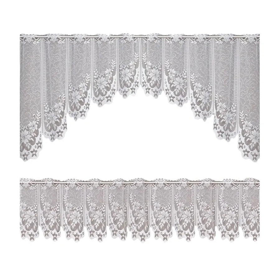 White Lace Window Curtain Short Tier Panel for Kitchen Bathroom