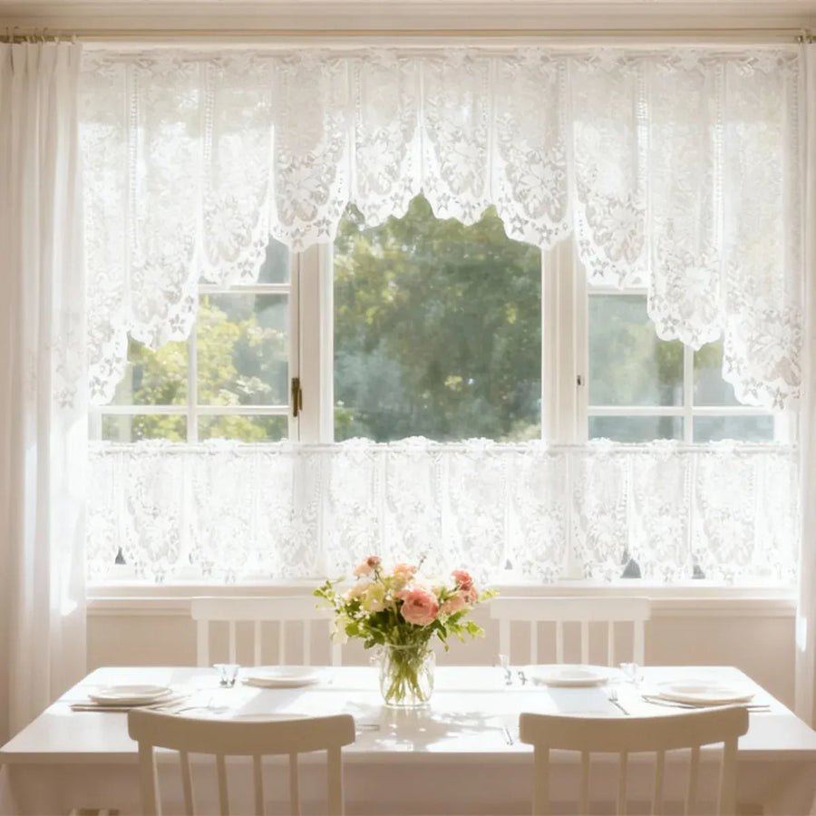 White Lace Window Curtain Short Tier Panel for Kitchen Bathroom