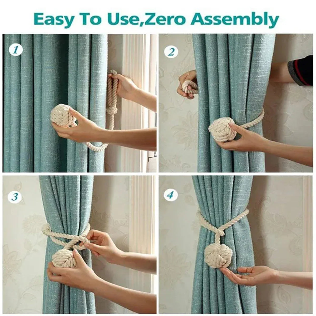 1pair Braided Cotton Curtain Tiebacks No Hole Curtain Holdbacks Hanging Balls - Beige