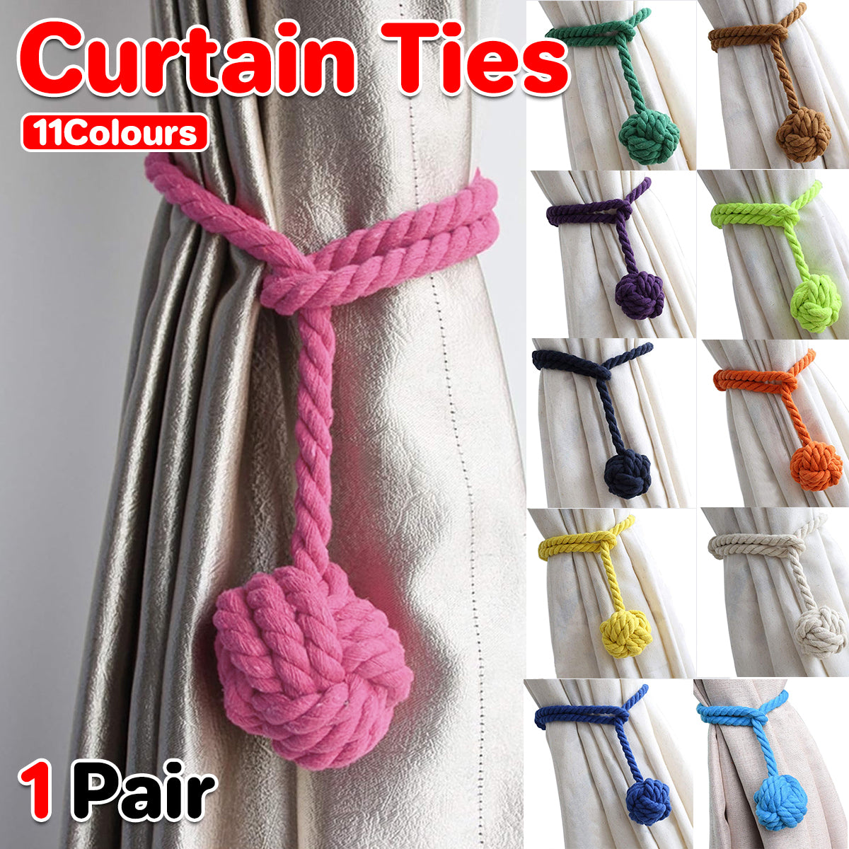 1pair Braided Cotton Curtain Tiebacks No Hole Curtain Holdbacks Hanging Balls - Pink