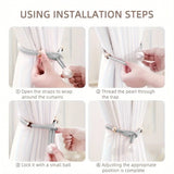 Curtain Tiebacks Pearl Strap Set 3 Pairs Decorative Buckle Holder Rings Hooks - Blue - Top-Down View