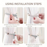 Curtain Tiebacks Pearl Strap Set 3 Pairs Decorative Buckle Holder Rings Hooks - Grey - Top-Down View