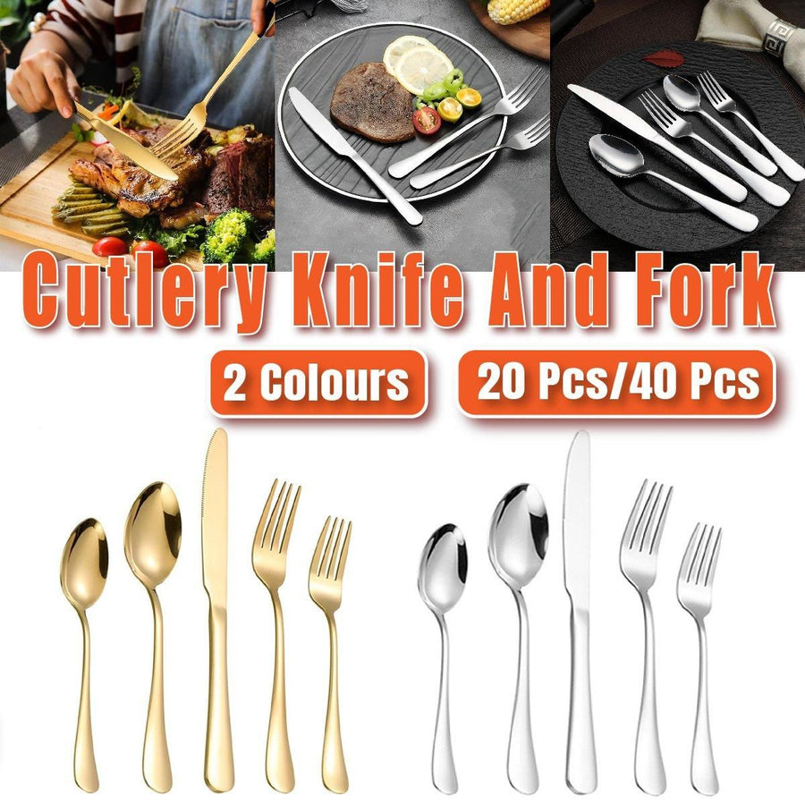 20/40pcs Stainless Steel Cutlery Set Knife Fork Spoon Western Hotel Tableware - Silver-20pcs