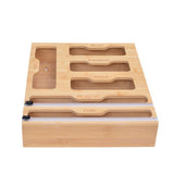 Bamboo Kitchen Storage Box for Plastic Wrap Tin Foil Paper Cutter with Lid - Front View