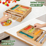Bamboo Kitchen Storage Box for Plastic Wrap Tin Foil Paper Cutter with Lid - Top-Down View