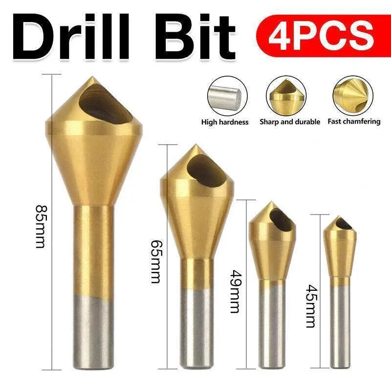 4PCS HSS Countersink Chamfer Drill Bit Set Titanium Coated Deburring Tools