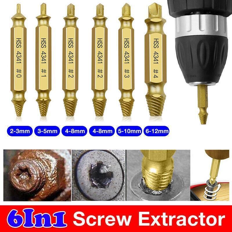 6Pcs Screw Extractor Set Broken Bolt Remover Damaged Stripped Drill Bits