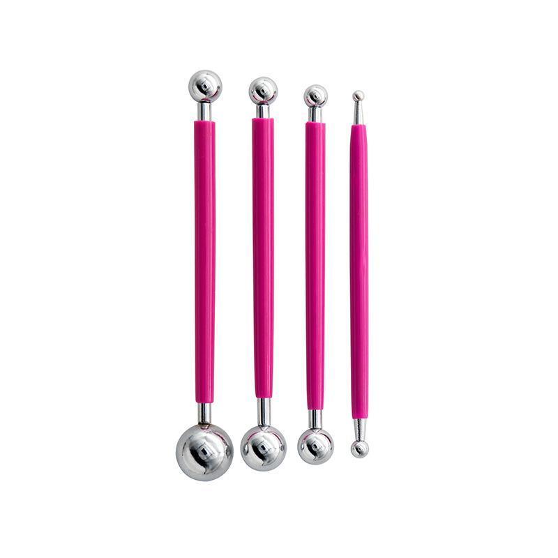 4X Fondant Cake Flower Decorating Clay Sugarcraft Ball Engraved Embossing Stick - Hot pink