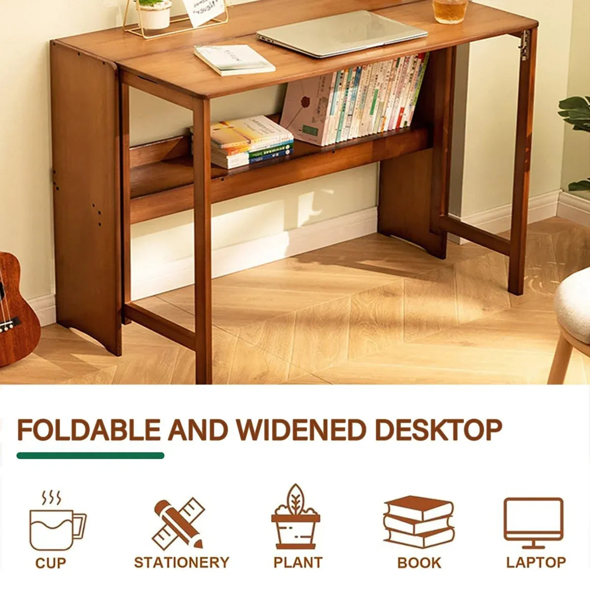 Bamboo Folding Student Desk Study Table Space Saving Storage