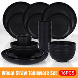 16PCS Eco-Friendly Wheat Straw Portable Tableware Set with Plate Bowl Cup