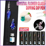 Crystal Flower Glass Dipping Dip Pen Writing Set Gift Pack Fountain Calligraphy - Blue