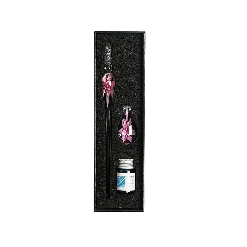 Crystal Flower Glass Dipping Dip Pen Writing Set Gift Pack Fountain Calligraphy - Orange