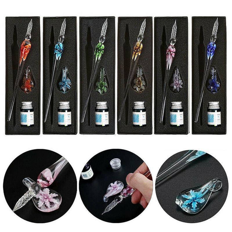 Crystal Flower Glass Dipping Dip Pen Writing Set Gift Pack Fountain Calligraphy - Sky Blue