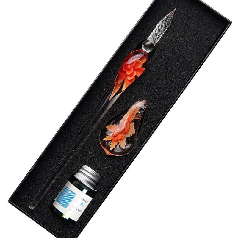 Crystal Flower Glass Dipping Dip Pen Writing Set Gift Pack Fountain Calligraphy - Yellow