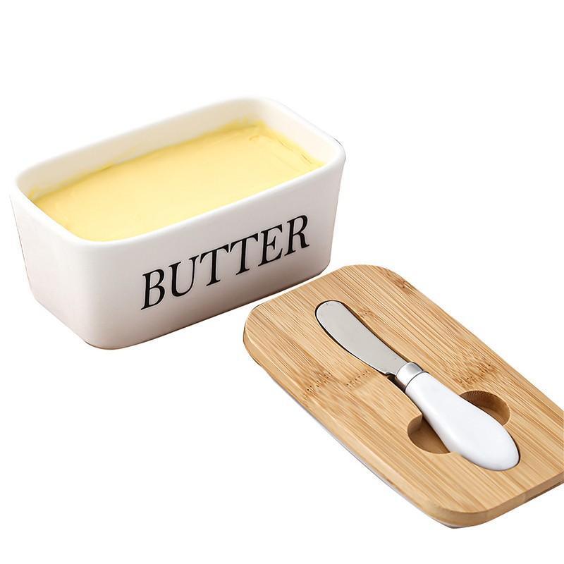 Ceramic Butter Dish Box Storage Tray Container W/ Bamboo Lid & Butter Cutter