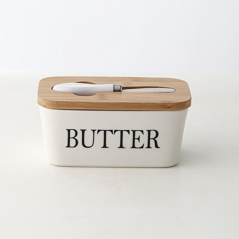 Ceramic Butter Dish Box Storage Tray Container W/ Bamboo Lid & Butter Cutter