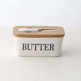 Ceramic Butter Dish Box Storage Tray Container W/ Bamboo Lid & Butter Cutter - Top-Down View