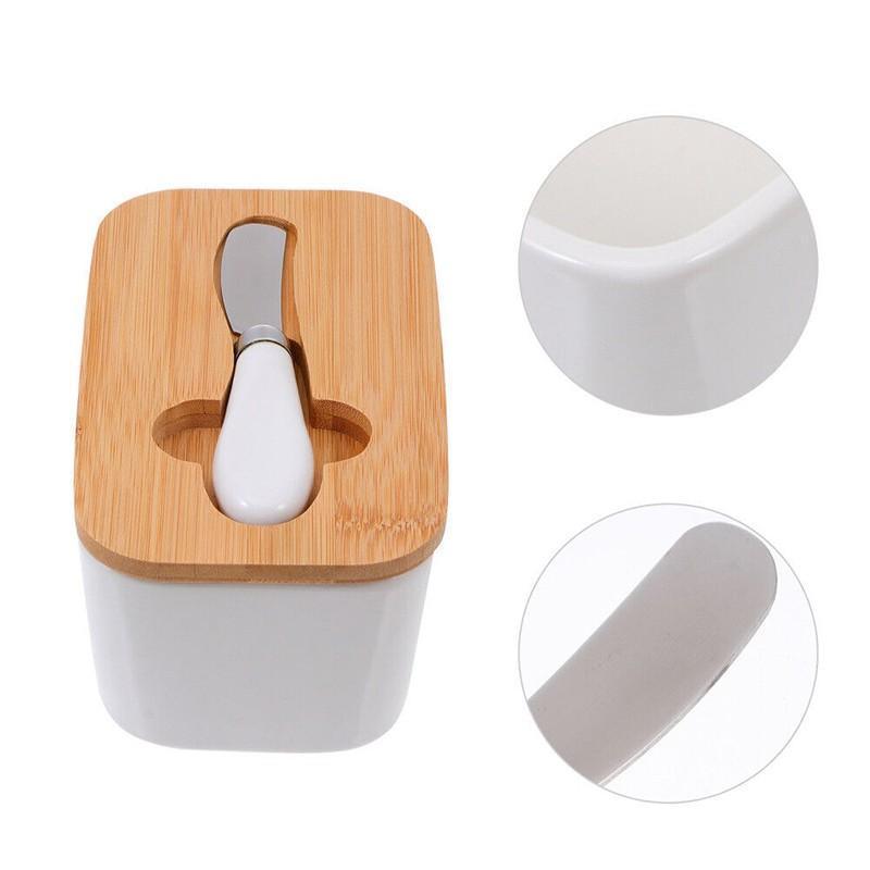 Ceramic Butter Dish Box Storage Tray Container W/ Bamboo Lid & Butter Cutter