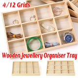 Wooden Jewellery Storage Box Display Tray Organizer for Rings Earrings Necklaces - Four Grids