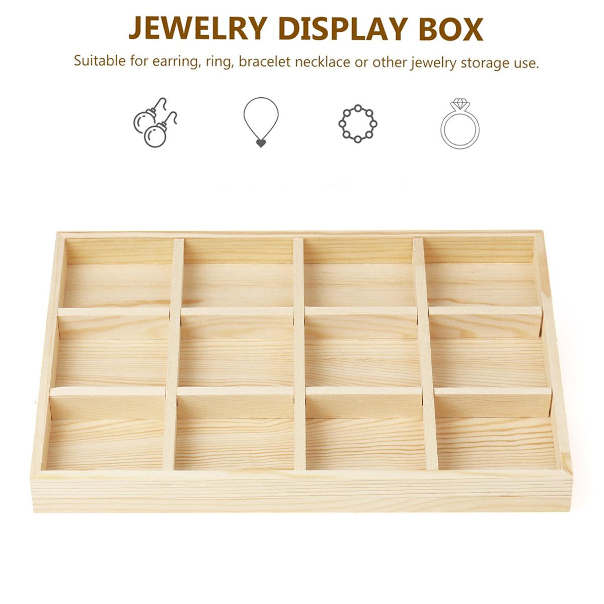 Wooden Jewellery Storage Box Display Tray Organizer for Rings Earrings Necklaces - Four Grids
