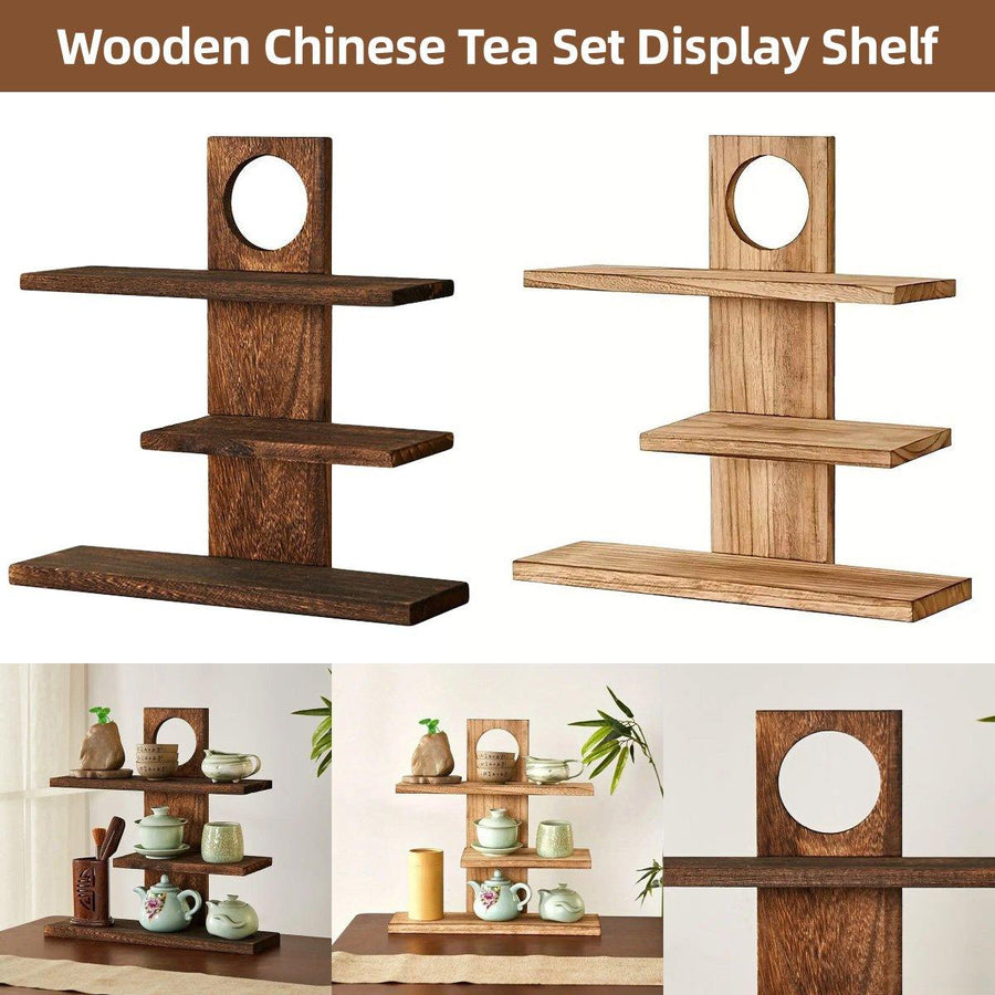 Wooden Desktop Tea Set Rack Display Stand Organizer Storage Shelf for Teaware - Brown