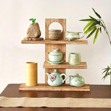 Wooden Desktop Tea Set Rack Display Stand Organizer Storage Shelf for Teaware - Brown - Top-Down View