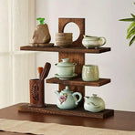 Wooden Desktop Tea Set Rack Display Stand Organizer Storage Shelf for Teaware - Brown