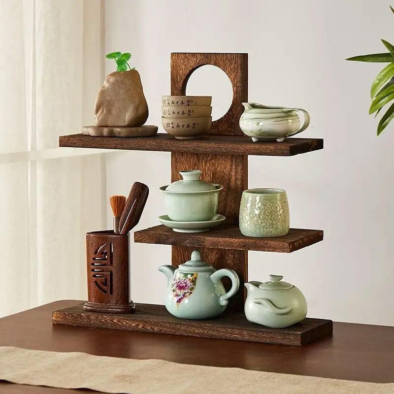 Wooden Desktop Tea Set Rack Display Stand Organizer Storage Shelf for Teaware - Brown
