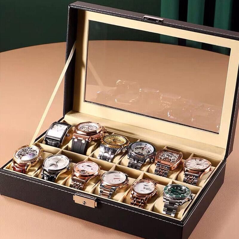 12Grids Leather Watch Jewelry Display Storage Holder Case Box