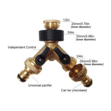 2 Way Solid Brass Hose Splitter 2-Way Hose Connector With Shut OFF/ON Valves - Top-Down View