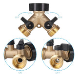2 Way Solid Brass Hose Splitter 2-Way Hose Connector With Shut OFF/ON Valves - Low Angle
