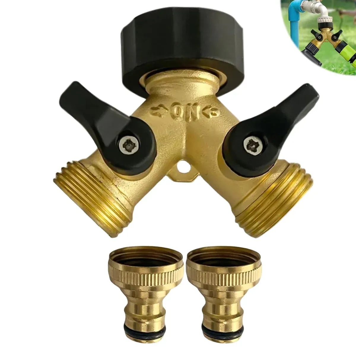 2 Way Solid Brass Hose Splitter 2-Way Hose Connector With Shut OFF/ON Valves