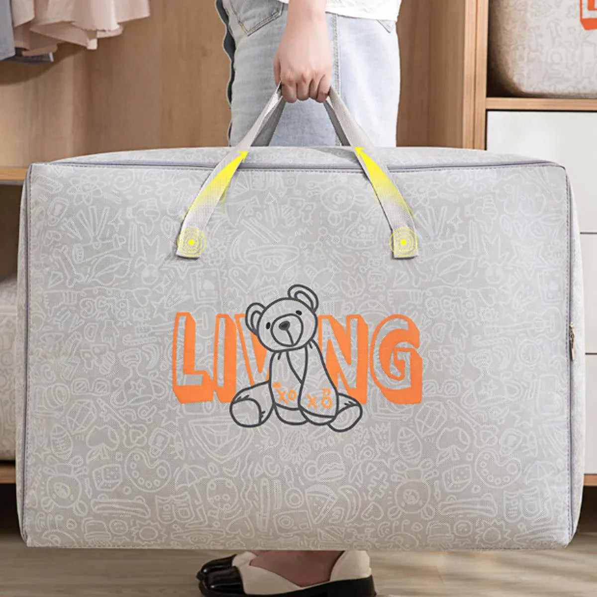 2pcs Cartoon Bear Luggage Organizer Storage Bags Blanket Quilt Closet Box Set - White-M
